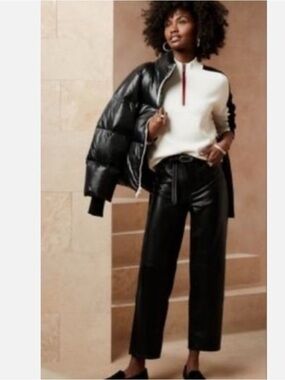 Banana Republic Black Straight-Leg Faux Leather Pants, like new, size 8
